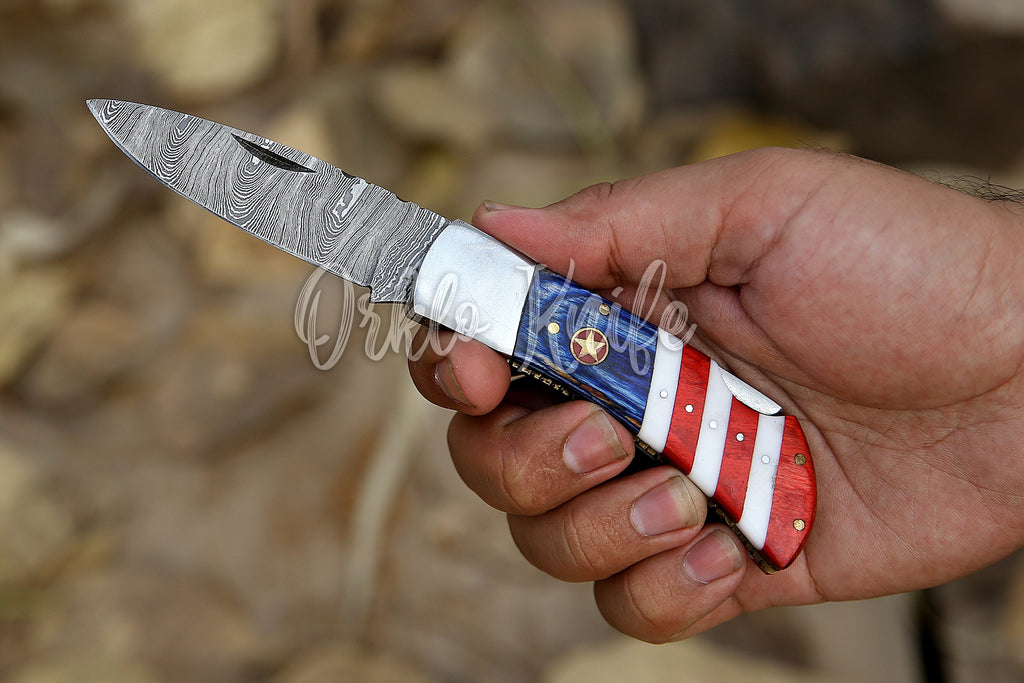 Handmade Damascus pocket knife USA Flag handle birthday gift folding knife Groomsman Anniversary gift boyfriend Personalized Gift For Men
