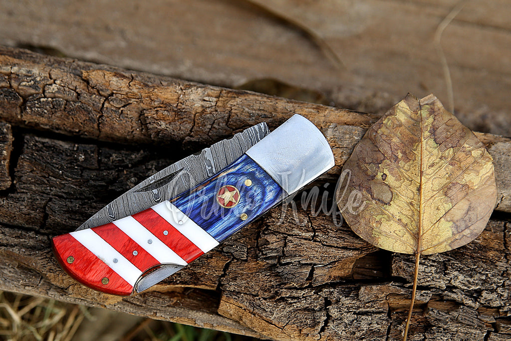 Handmade Damascus pocket knife USA Flag handle birthday gift folding knife Groomsman Anniversary gift boyfriend Personalized Gift For Men