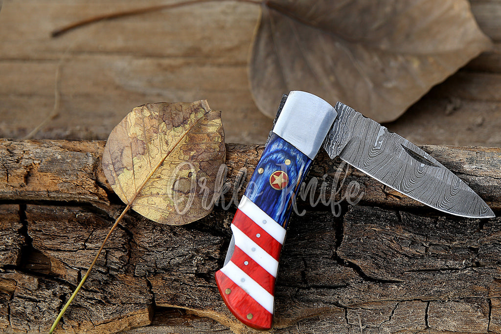 Handmade Damascus pocket knife USA Flag handle birthday gift folding knife Groomsman Anniversary gift boyfriend Personalized Gift For Men