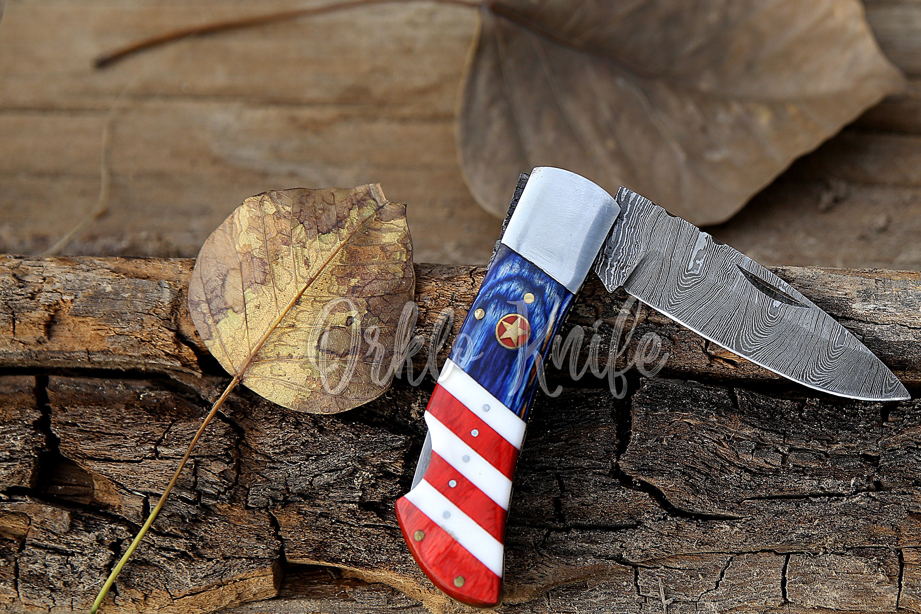 Handmade Damascus pocket knife USA Flag handle birthday gift folding knife Groomsman Anniversary gift boyfriend Personalized Gift For Men