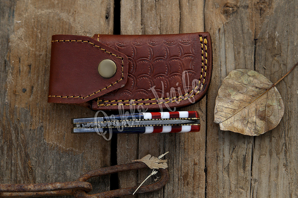 Handmade Damascus pocket knife USA Flag handle birthday gift folding knife Groomsman Anniversary gift boyfriend Personalized Gift For Men
