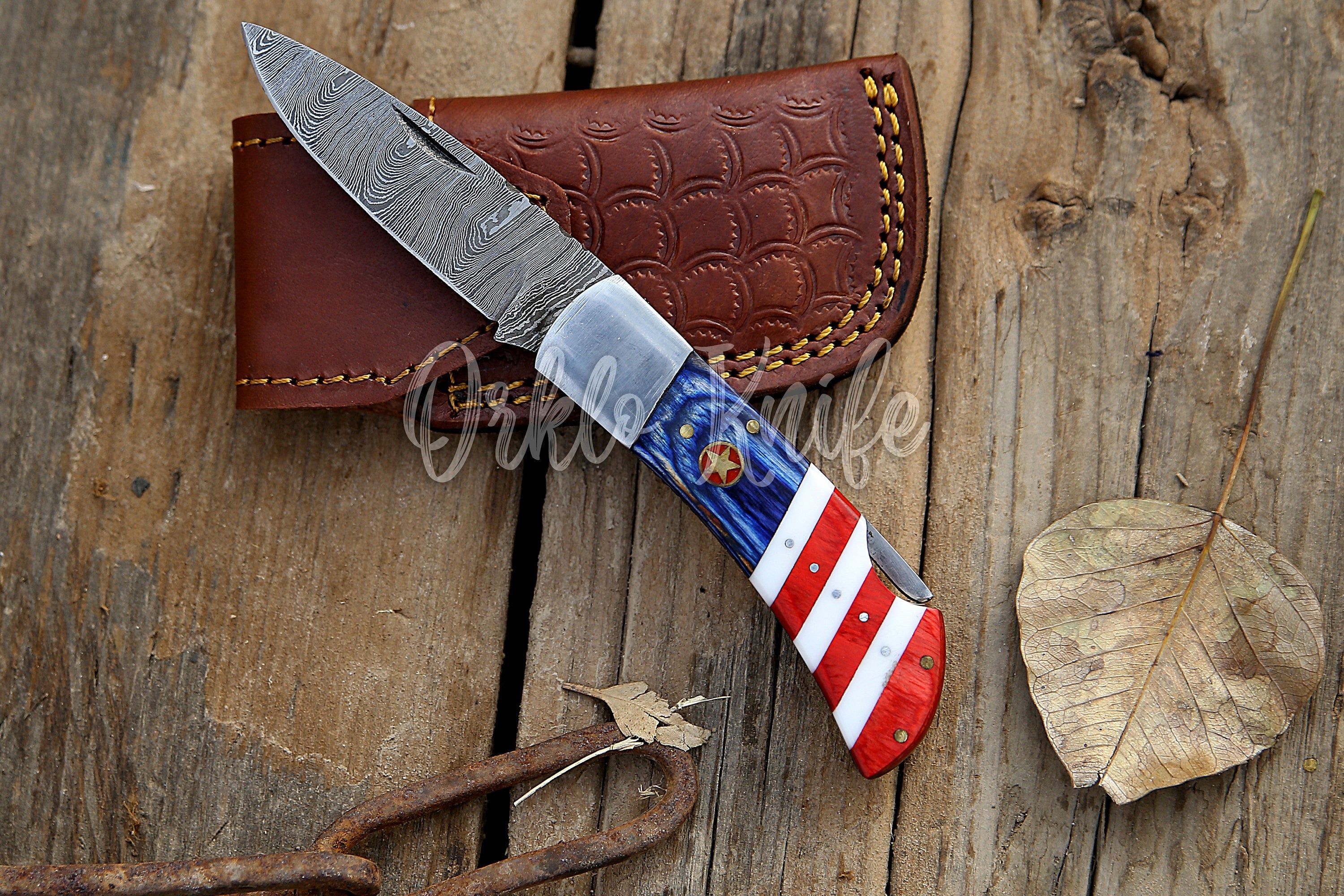 Handmade Damascus pocket knife USA Flag handle birthday gift folding knife Groomsman Anniversary gift boyfriend Personalized Gift For Men