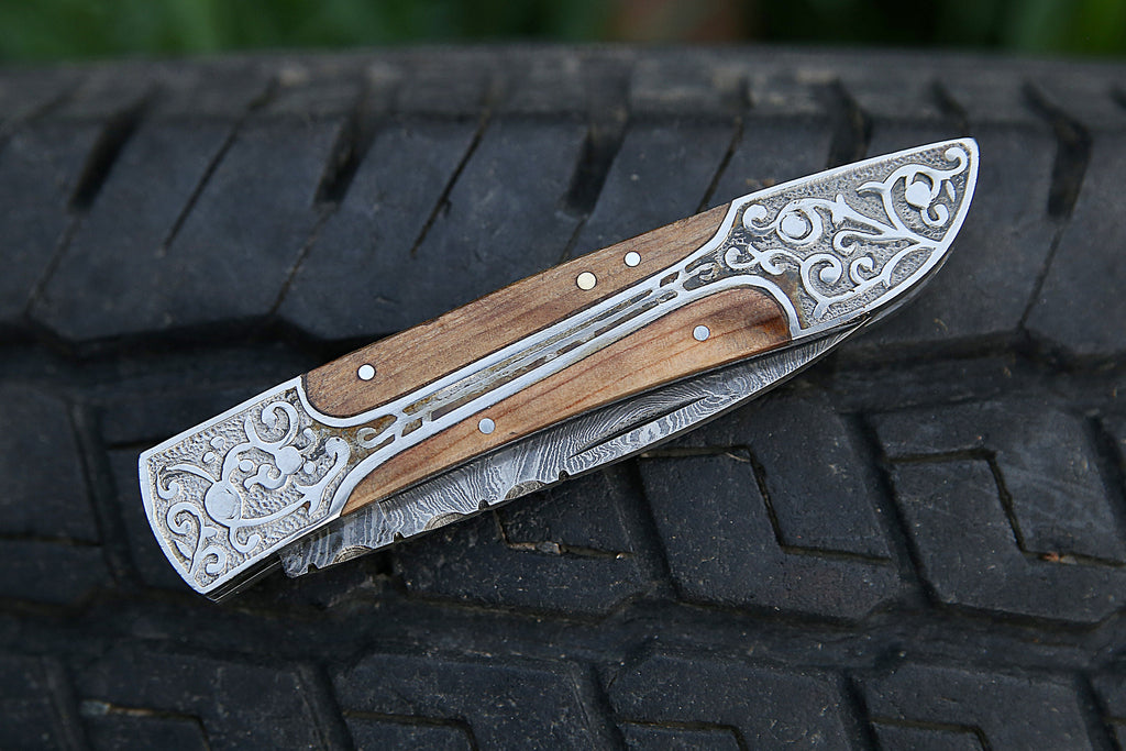 Handmade Damascus pocket knife White Resin handle birthday gift folding knife Groomsmen anniversary wedding gift for Father day Thanksgiving