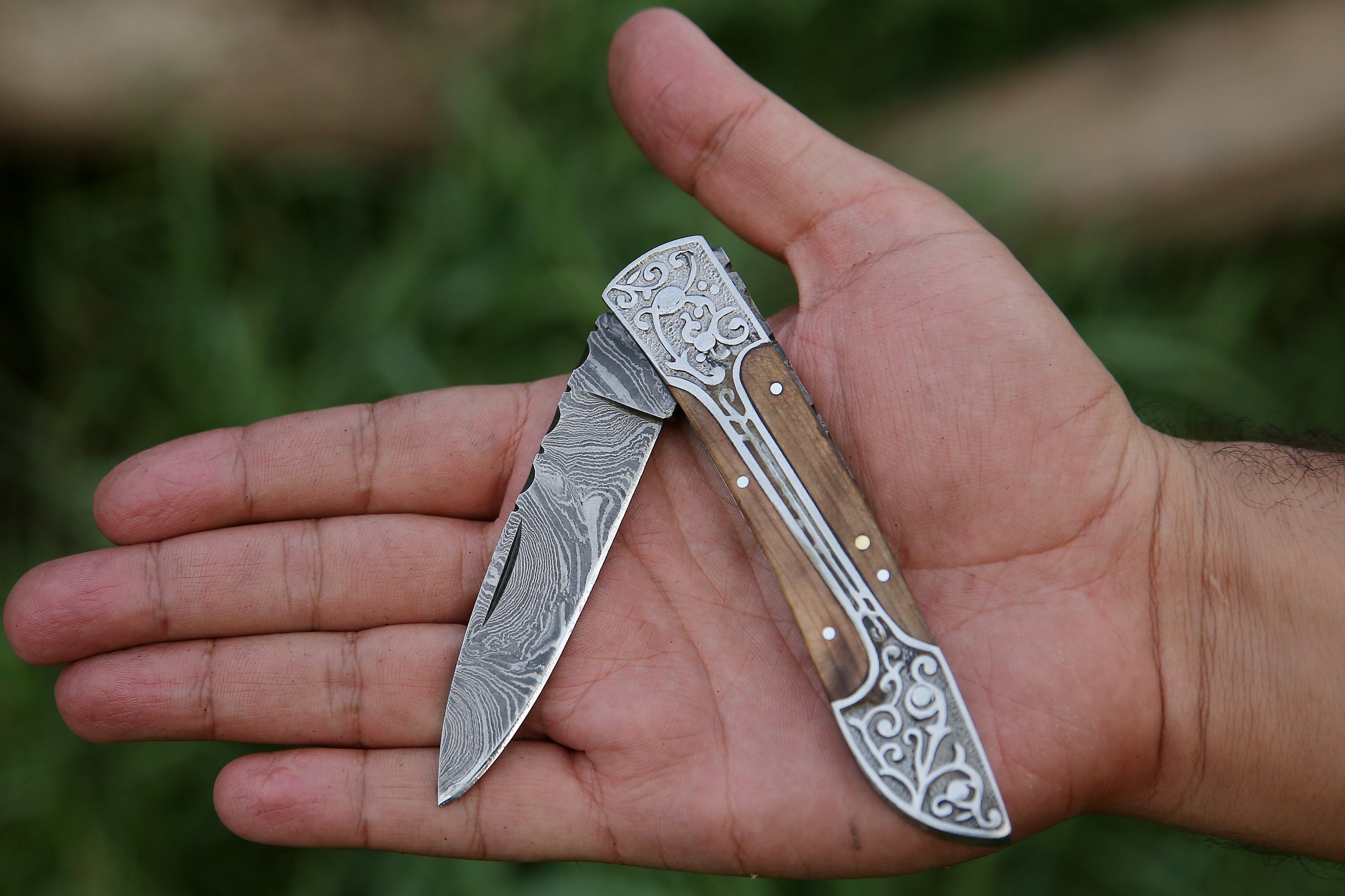 Handmade Damascus pocket knife White Resin handle birthday gift folding knife Groomsmen anniversary wedding gift for Father day Thanksgiving