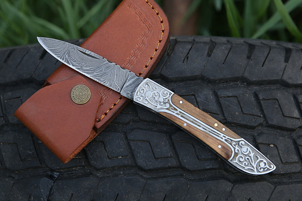 Handmade Damascus Pocket Knife: Red Wood Handle, Engraved Steel, Father's Day Gift
