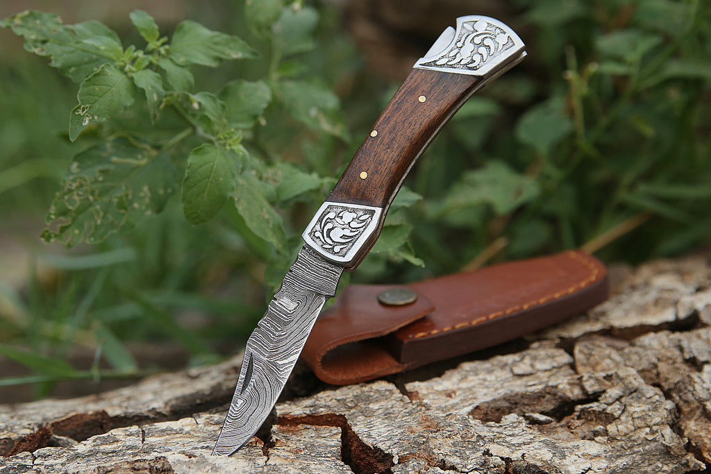 Handmade Damascus Pocket Knife Rose Wood Handle Birthday Gift Folding Knife Groomsmen Anniversary Gift Personalized Gift for Boy friend Love