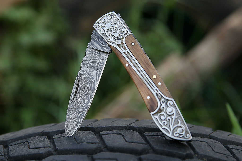 Handmade Damascus pocket knife Olive wood handle birthday gift  folding knife Groomsmen anniversary wedding gift for dad friendship gift