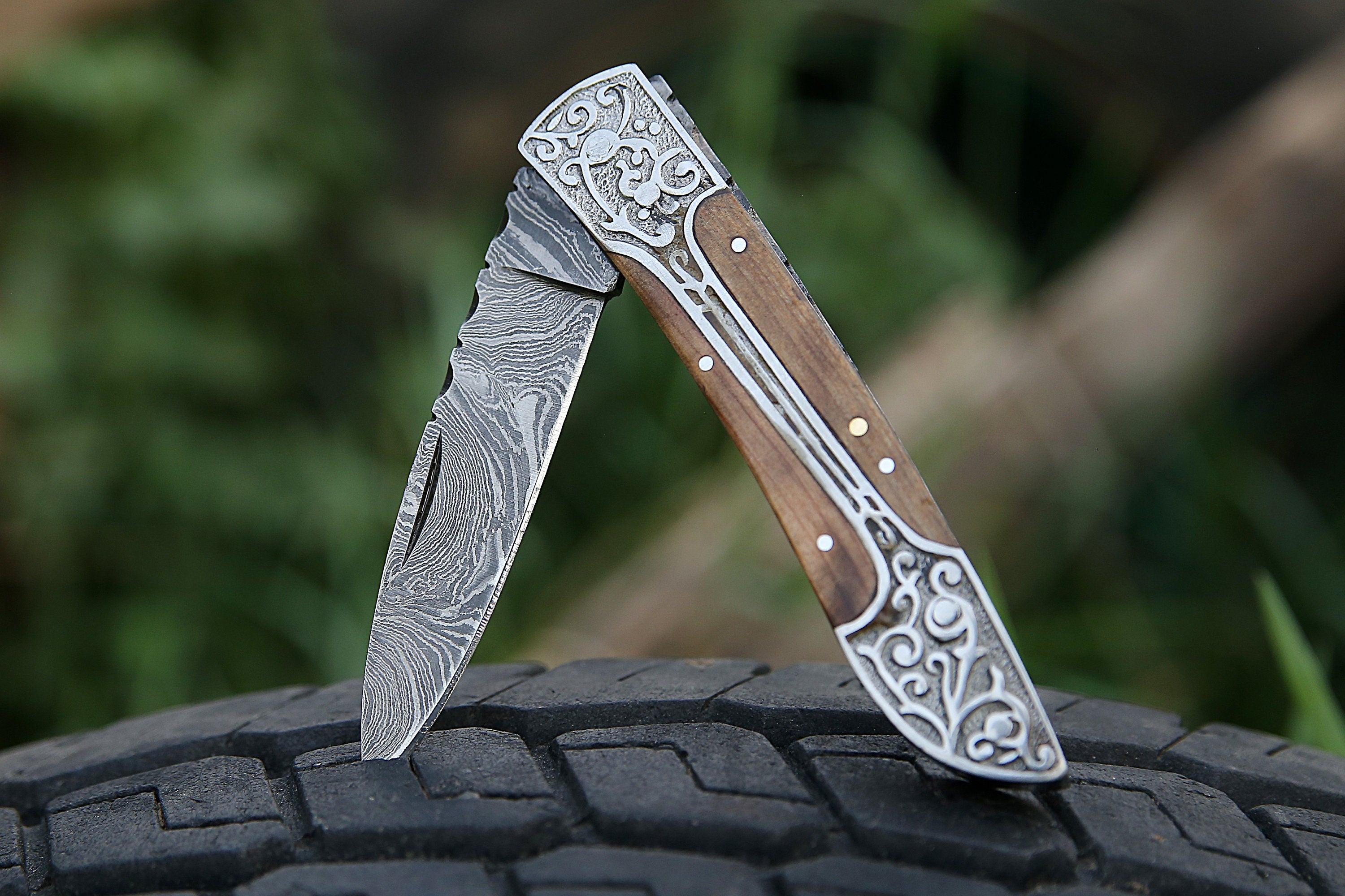 Handmade Damascus pocket knife Olive wood handle birthday gift  folding knife Groomsmen anniversary wedding gift for dad friendship gift