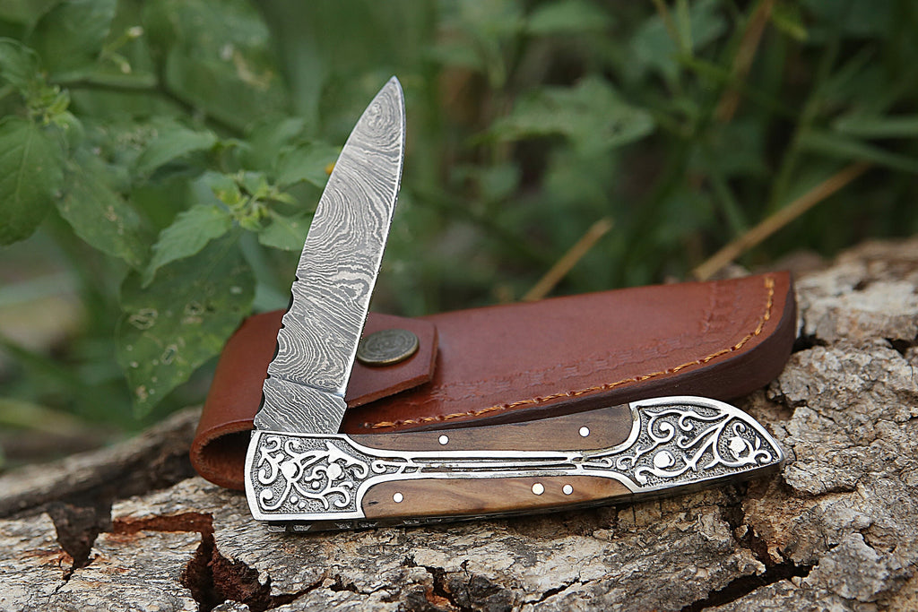 Handmade Damascus pocket knife Olive wood handle birthday gift  folding knife Groomsmen anniversary wedding gift for dad friendship gift