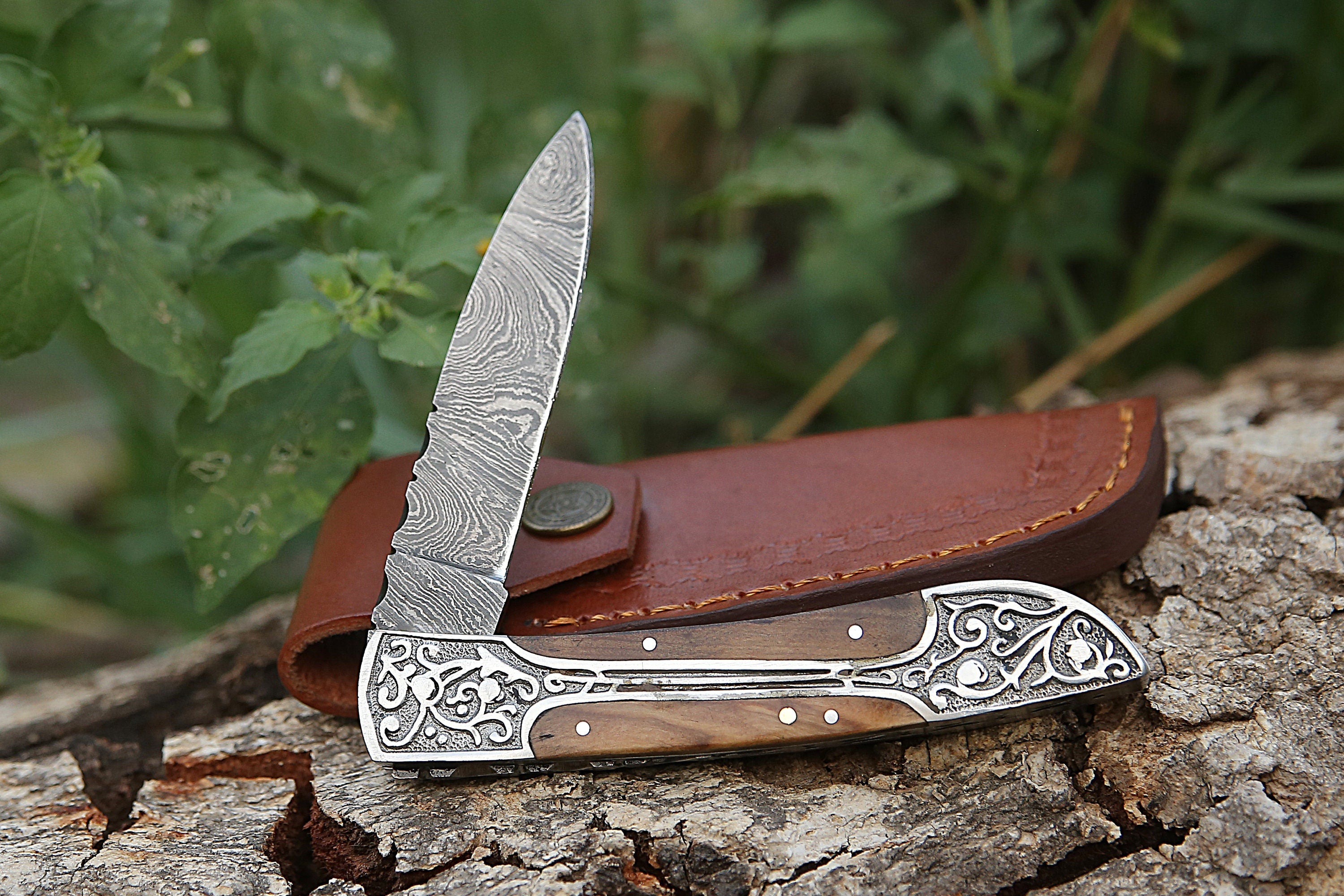 Handmade Damascus pocket knife Black wood handle birthday gift  folding knife Groomsmen anniversary wedding gift for dad friendship gift