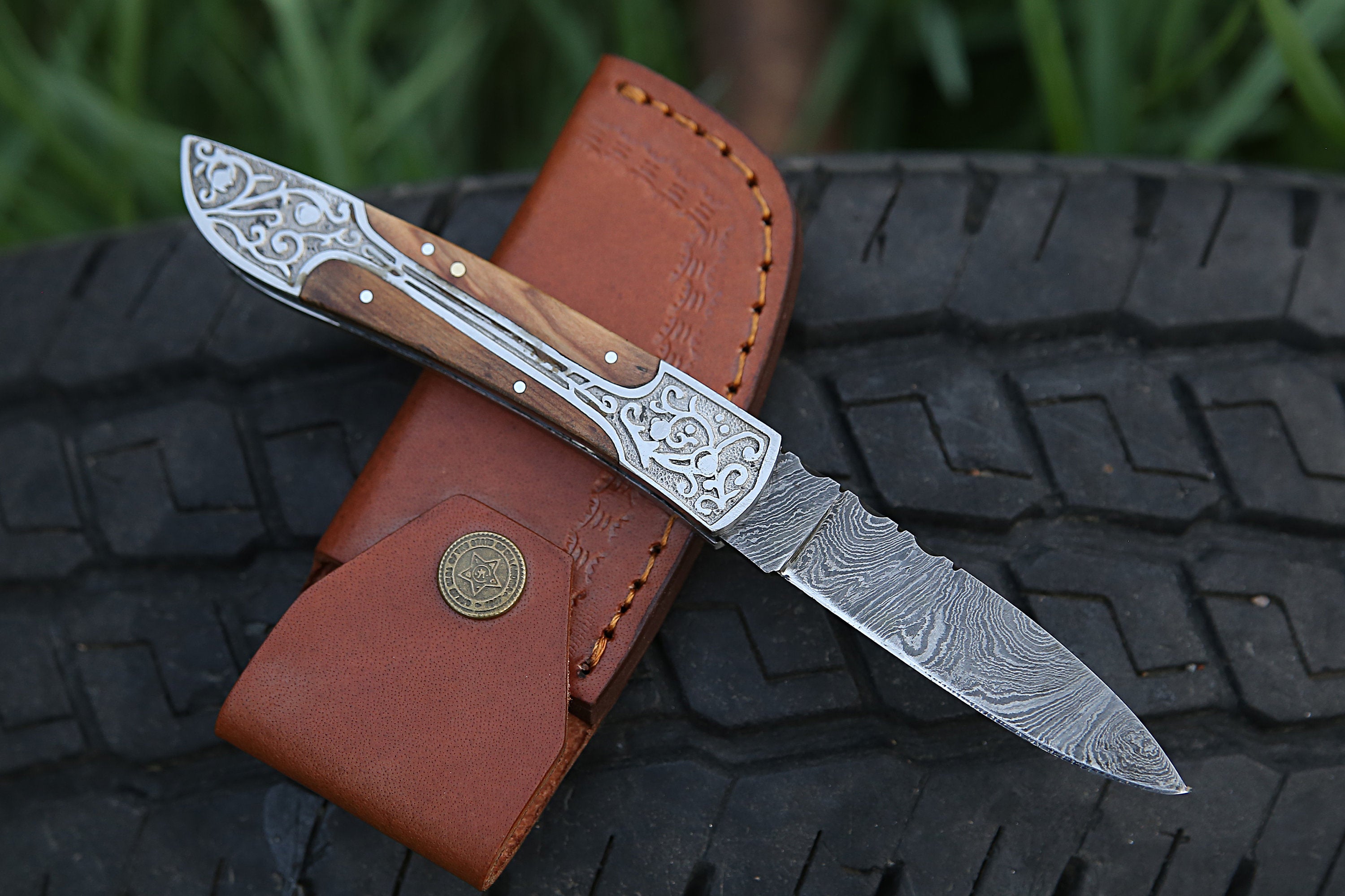 Handmade Damascus Pocket Knife: Red Wood Handle, Engraved Steel, Father's Day Gift