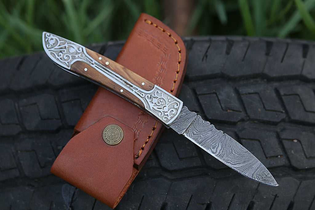 Handmade Damascus pocket knife Black wood handle birthday gift  folding knife Groomsmen anniversary wedding gift for dad friendship gift