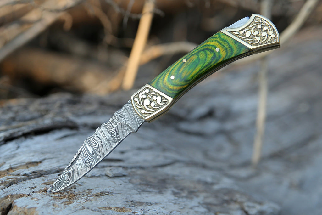 Handmade Damascus Pocket knife Green Dollar sheet Handle Birthday Gift Back Lock Folding knife Groomsmen Gift Personalized Men Gift For Men