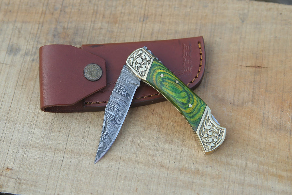 Handmade Damascus Pocket knife Green Dollar sheet Handle Birthday Gift Back Lock Folding knife Groomsmen Gift Personalized Men Gift For Men