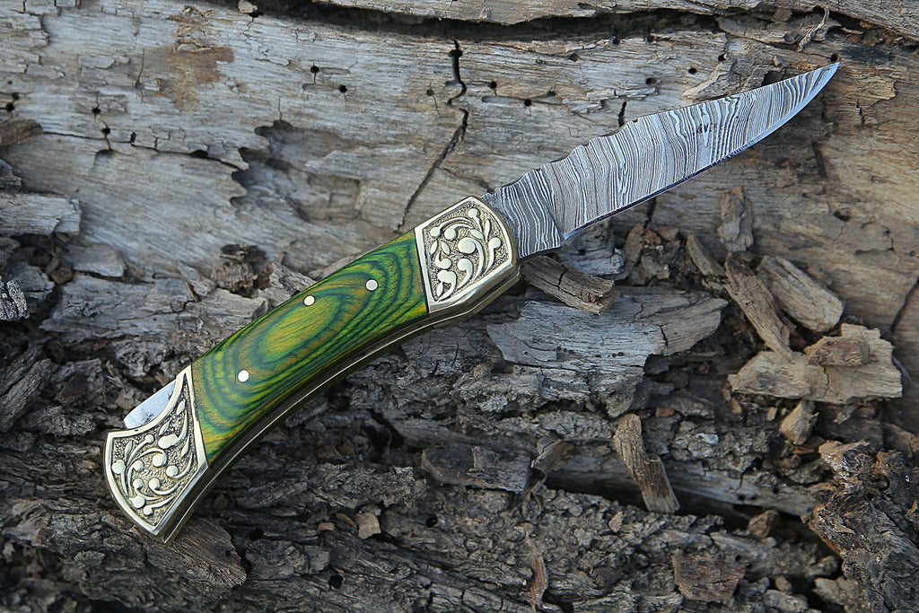 Handmade Damascus Pocket knife Green Dollar sheet Handle Birthday Gift Back Lock Folding knife Groomsmen Gift Personalized Men Gift For Men