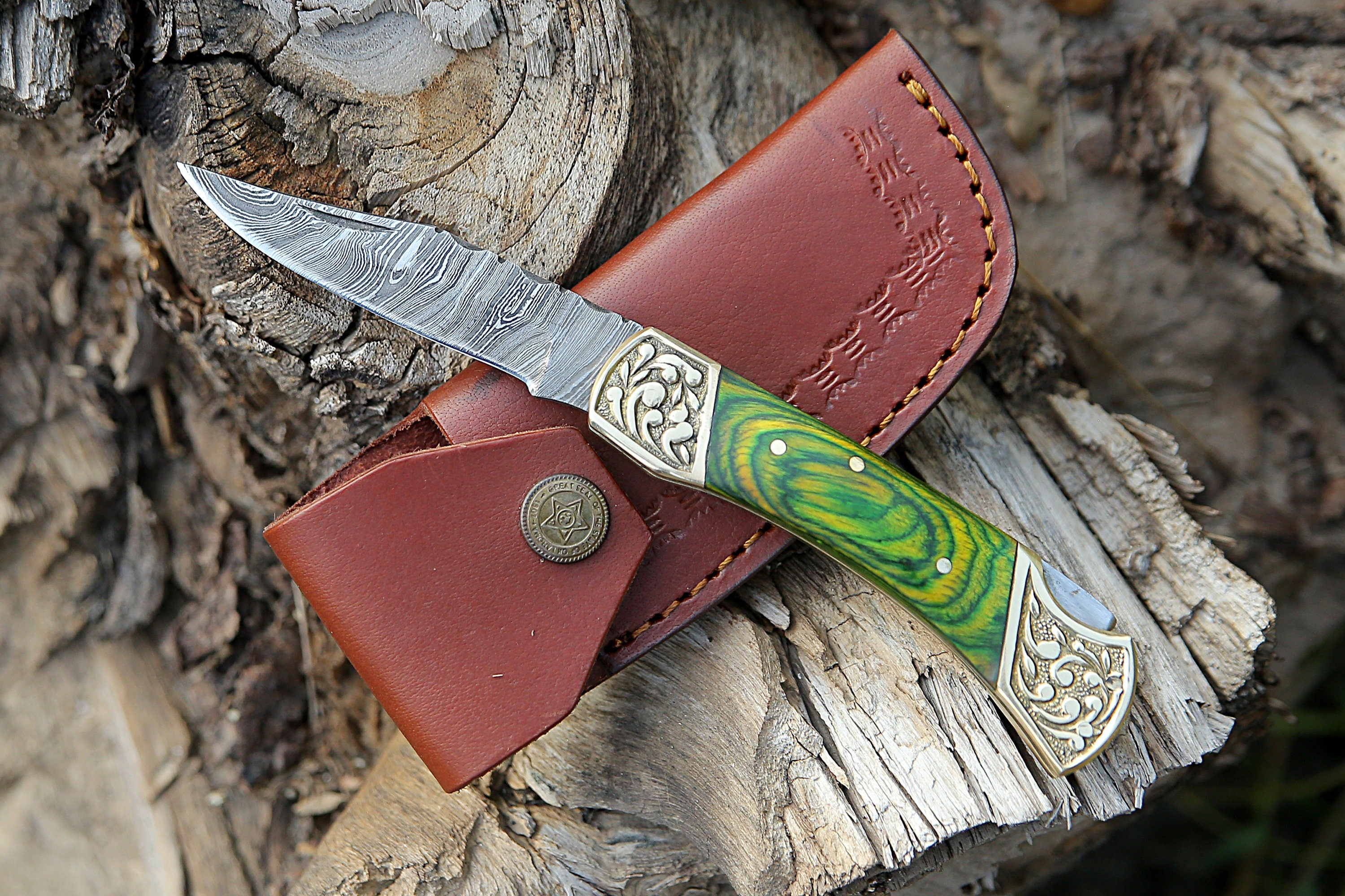 Handmade Damascus Pocket knife Green Dollar sheet Handle Birthday Gift Back Lock Folding knife Groomsmen Gift Personalized Men Gift For Men