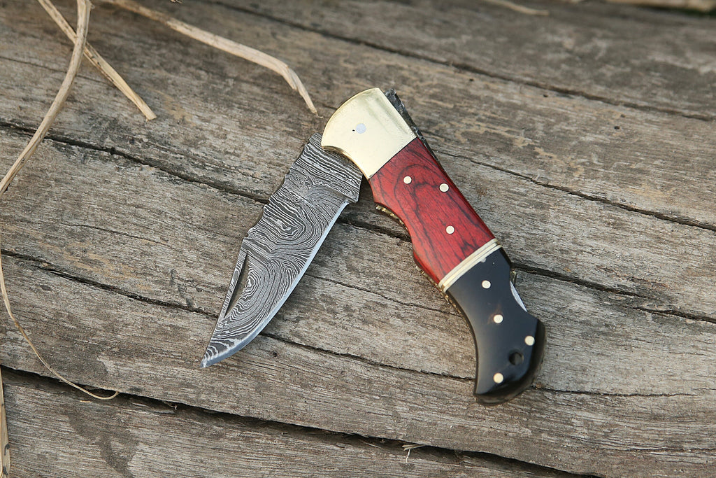 6.5" Back Lock Handmade Damascus Steel Pocket Knife Blue Handle Folding Knife Birthday Wedding Anniversary Personalized Gift for Boyfriend