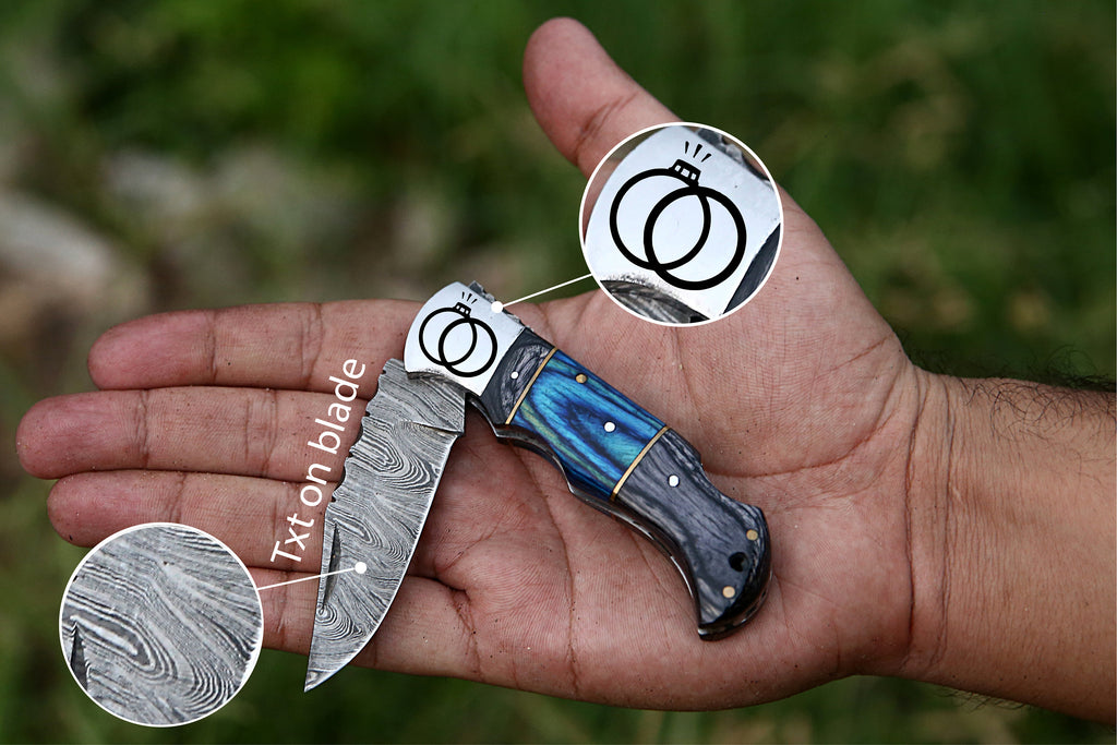 6.5" Back Lock Handmade Damascus Steel Pocket Knife Blue Handle Folding Knife Birthday Wedding Anniversary Personalized Gift for Boyfriend