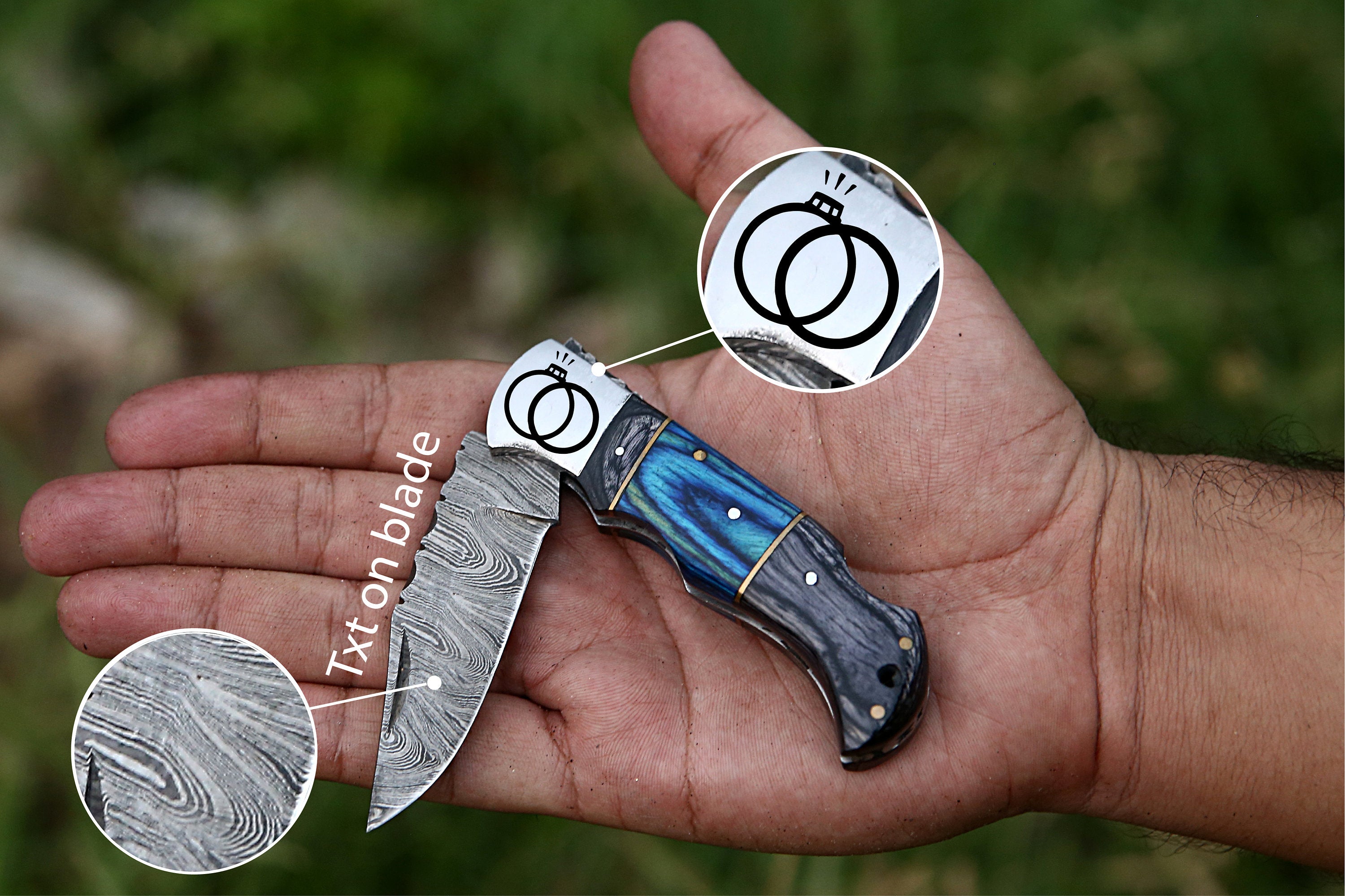 6.5" Back Lock Handmade Damascus Steel Pocket Knife Blue Handle Folding Knife Birthday Wedding Anniversary Personalized Gift for Boyfriend