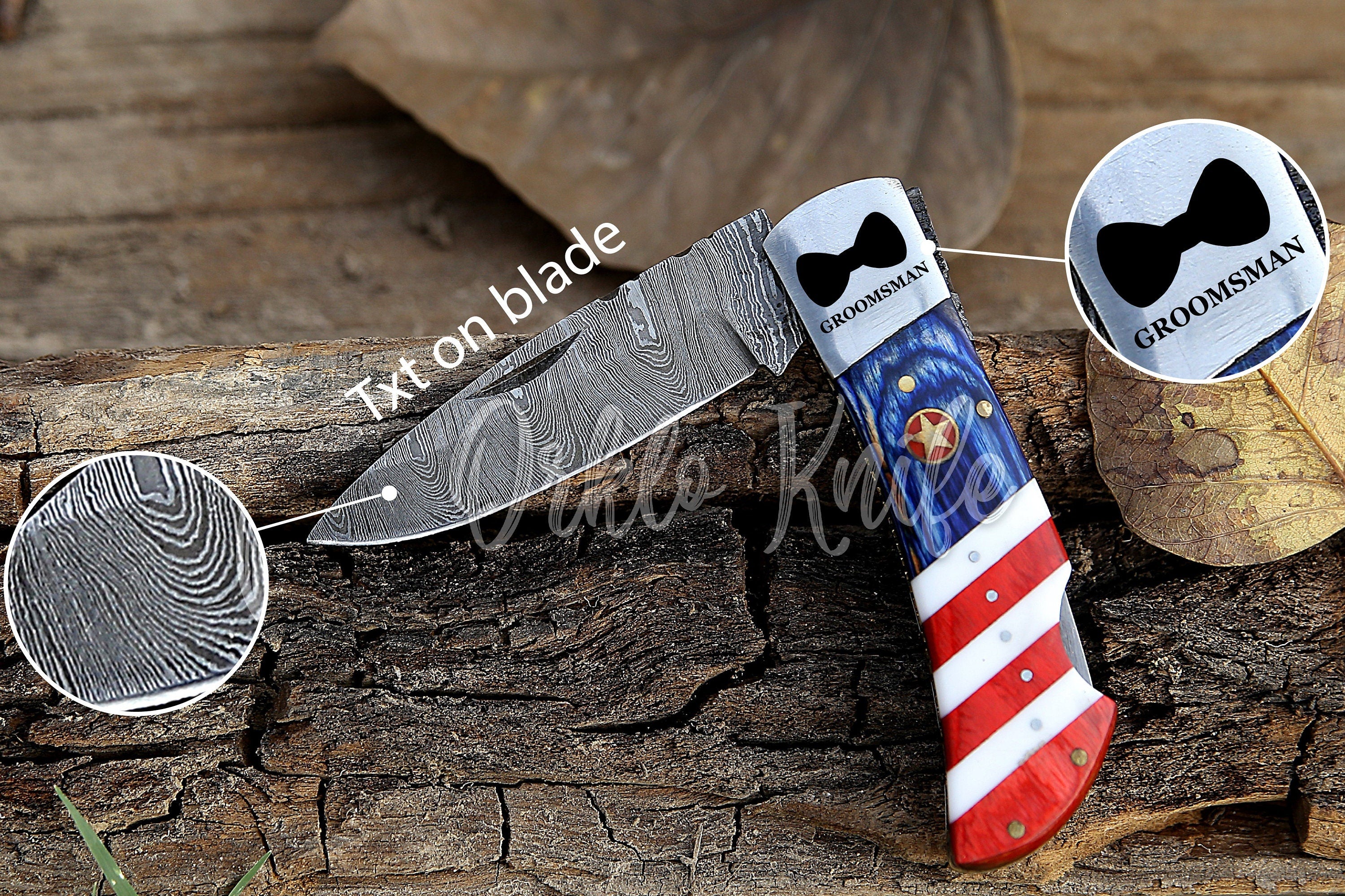 Handmade Damascus pocket knife USA Flag handle birthday gift folding knife Groomsman Anniversary gift boyfriend Personalized Gift For Men