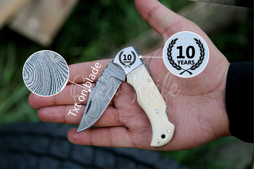 Handmade Damascus Pocket Knife White color Handle Birthday Gift Folding Knife Groomsmen Gift Anniversary Wedding Gift Fathers day Gift Love