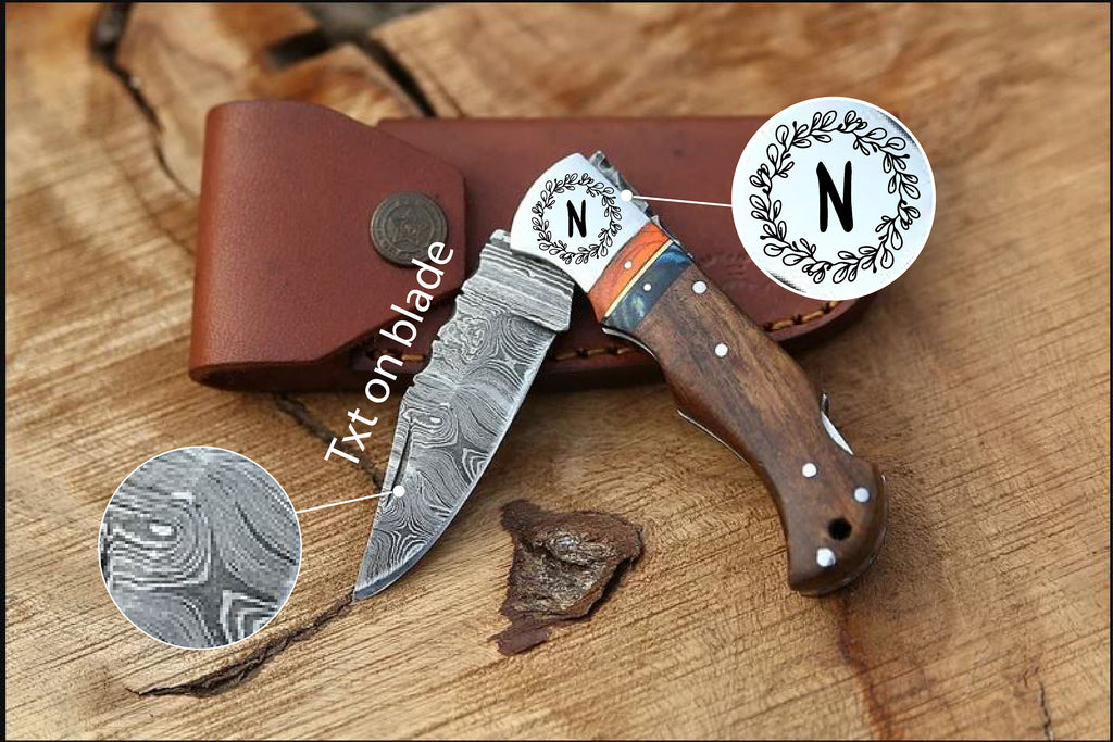 Handmade Damascus Pocket Knife Rose Wood Handle Birthday Gift Folding Knife Groomsmen Gift Anniversary Wedding Personalized Gift for Men