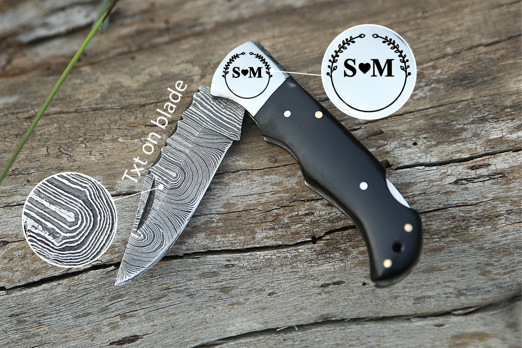 Personalized Handmade Pocket Knife Anniversary Gift Groomsman Gift Black Resin Handle Birthday Gift Folding Knife Wedding Gift for Men &Love