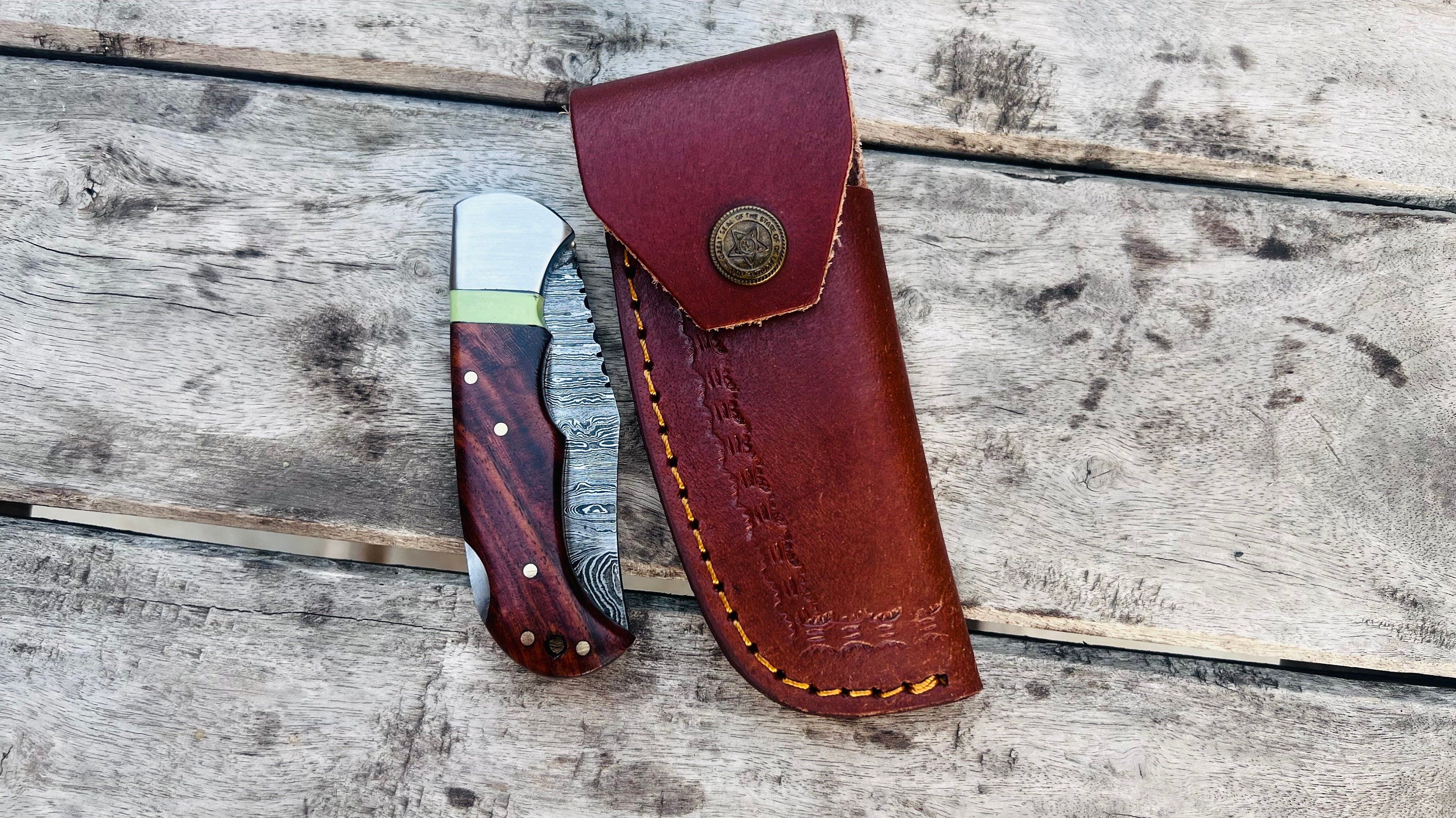 Handmade Damascus Pocket Knife Rose Wood Handle Birthday Gift Folding Knife Groomsmen Gift Anniversary Wedding Personalized Gift for Men