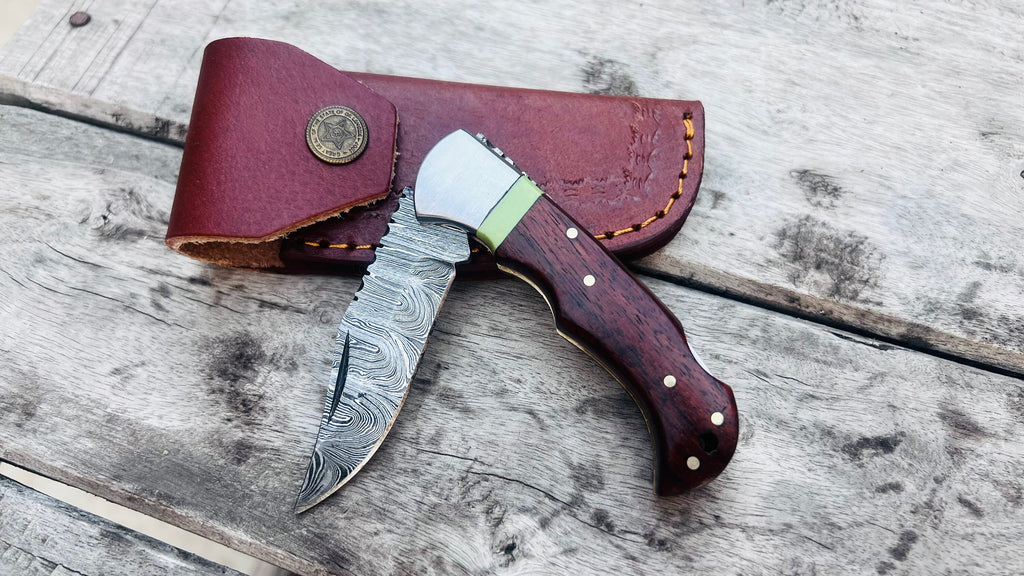 Handmade Damascus Pocket Knife Rose Wood Handle Birthday Gift Folding Knife Groomsmen Gift Anniversary Wedding Personalized Gift for Men