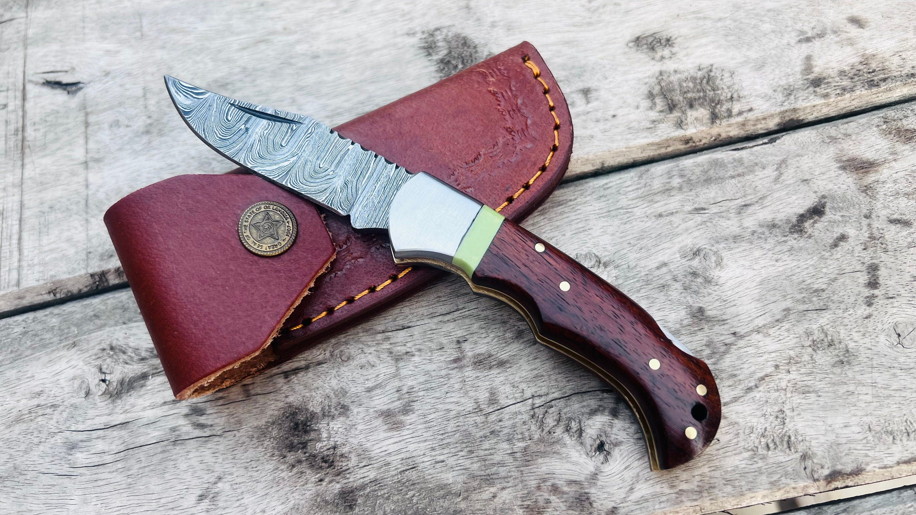 Handmade Damascus Pocket Knife Rose Wood Handle Birthday Gift Folding Knife Groomsmen Gift Anniversary Wedding Personalized Gift for Men
