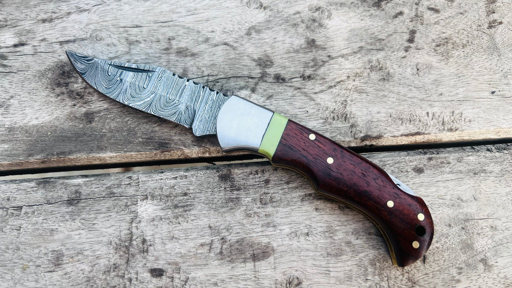 Handmade Damascus Pocket Knife Rose Wood Handle Birthday Gift Folding Knife Groomsmen Gift Anniversary Wedding Personalized Gift for Men