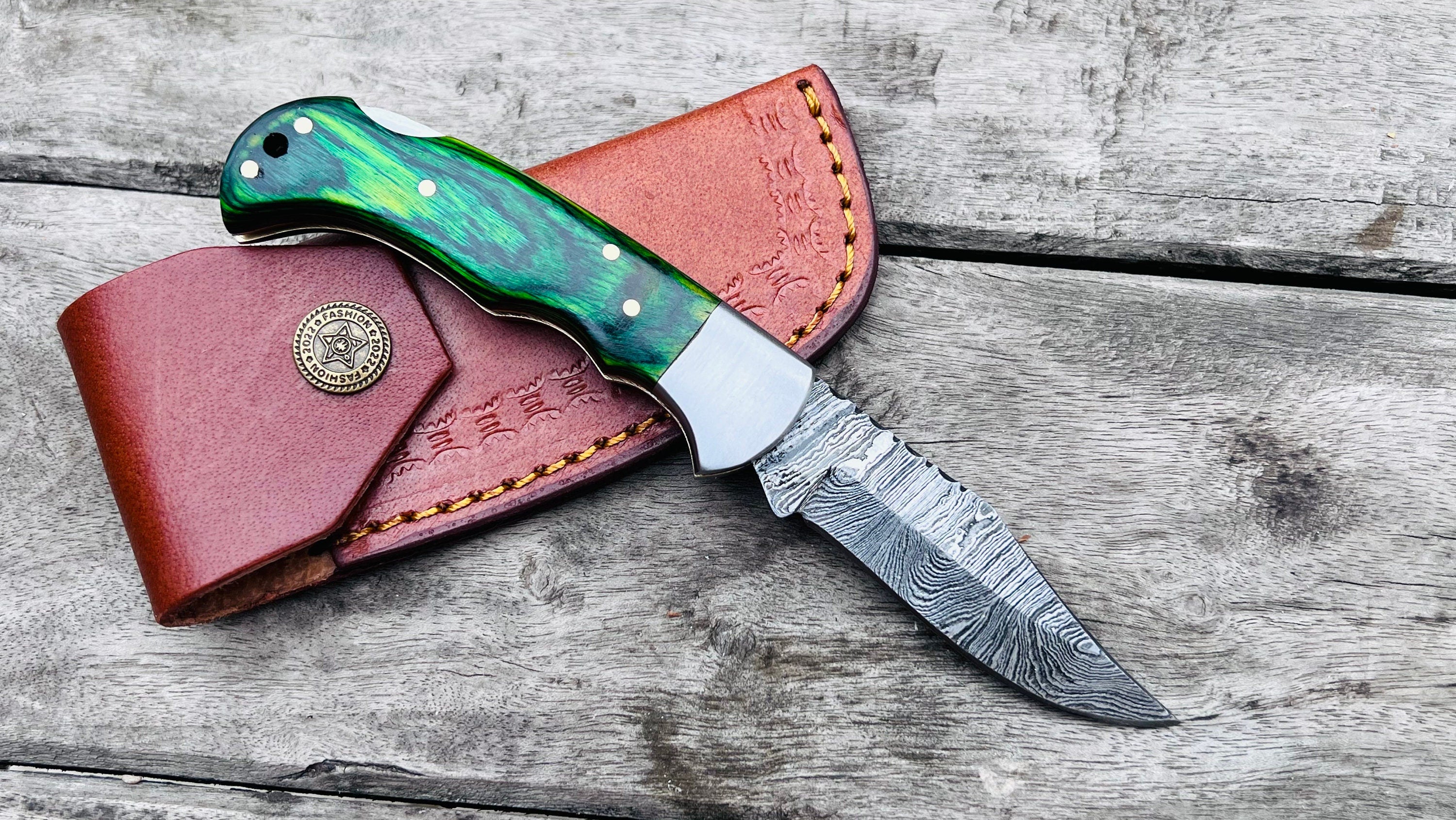 6.5" Back Lock Handmade Damascus Steel Pocket Knife Blue Handle Folding Knife Birthday Wedding Anniversary Personalized Gift for Boyfriend