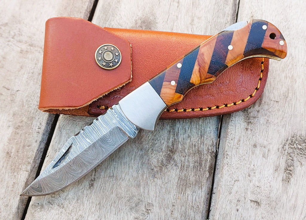 Customized Damascus Pocket Knife Personalized Groomsman Gift Engraved Handle & Sheath, Unique Birthday Gift Wedding Present for Boyfriend