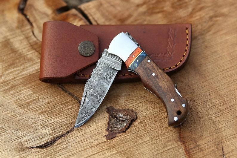 Handmade Damascus Pocket Knife pink Handle Birthday Gift Folding Knife Groomsmen Gift Anniversary Wedding Gift Thanksgiving Gift Love