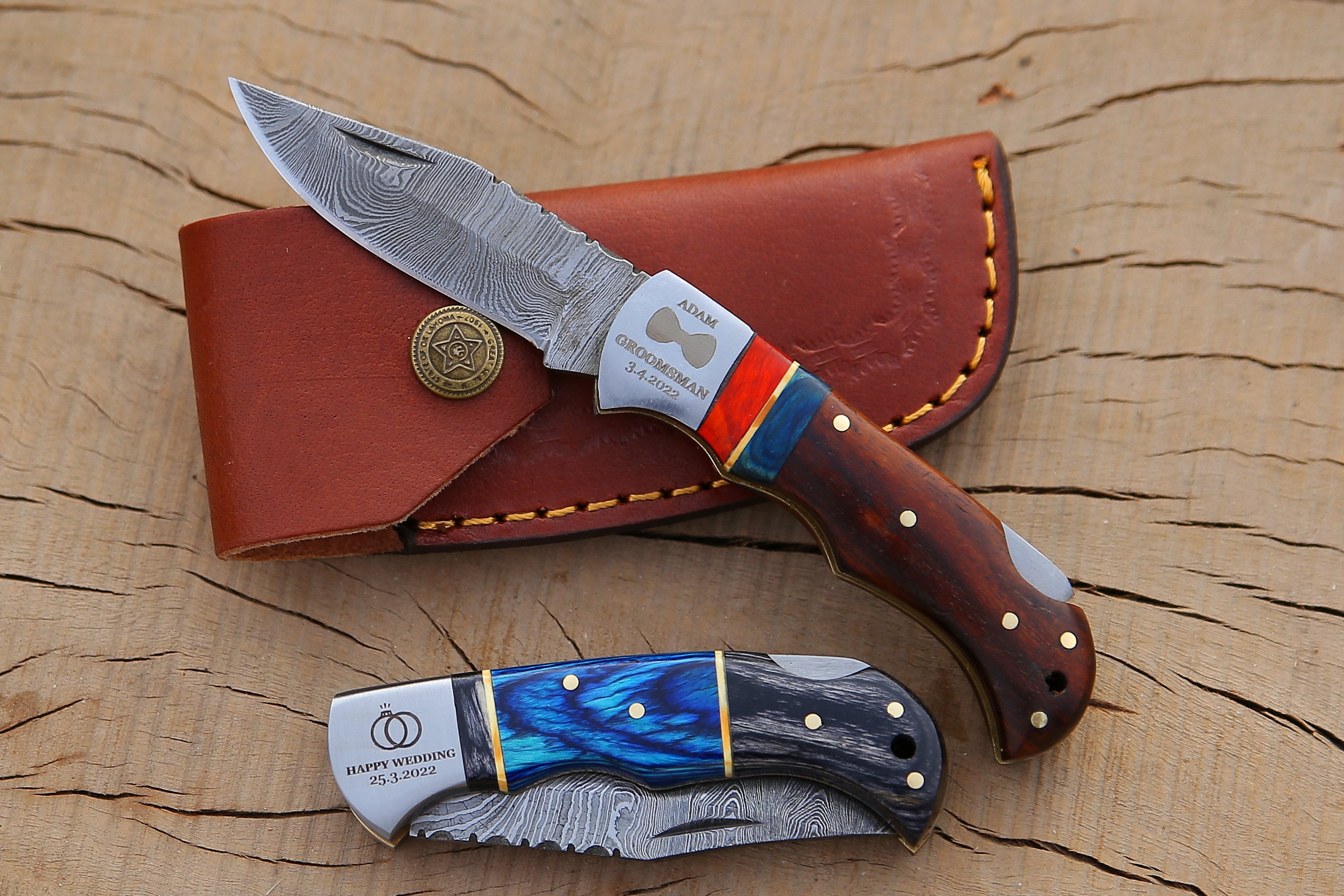 6.5" Back Lock Handmade Damascus Steel Pocket Knife Blue Handle Folding Knife Birthday Wedding Anniversary Personalized Gift for Boyfriend