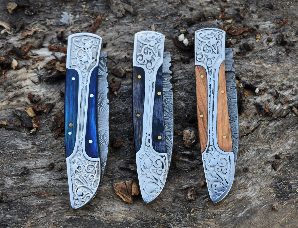 Handmade Damascus Pocket Knife: Red Wood Handle, Engraved Steel, Father's Day Gift