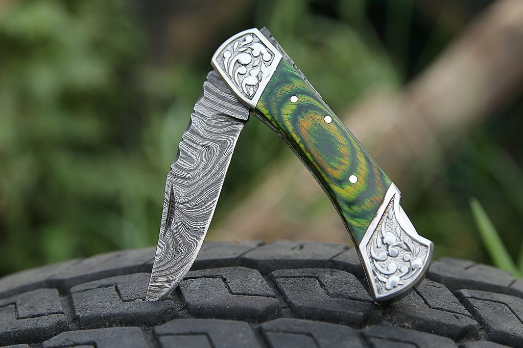Handmade Damascus Pocket knife Green Dollar sheet Handle Birthday Gift Back Lock Folding knife Groomsmen Gift Personalized Men Gift For Men