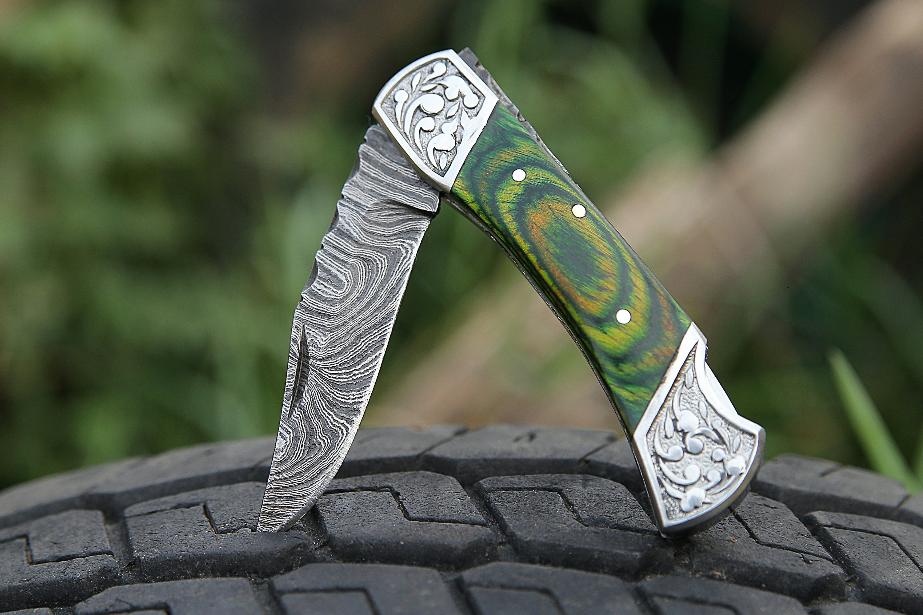 Handmade Damascus Pocket knife Green Dollar sheet Handle Birthday Gift Back Lock Folding knife Groomsmen Gift Personalized Men Gift For Men
