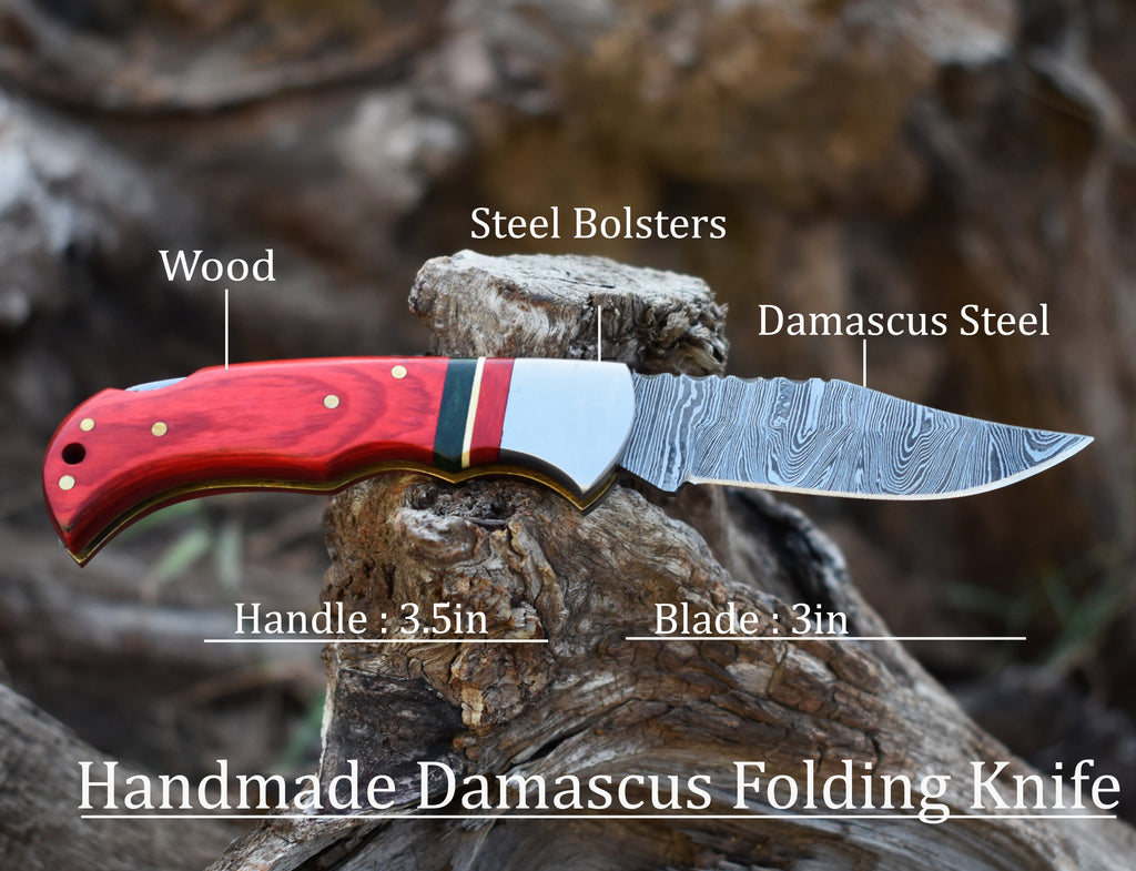 Handmade Damascus Pocket Knife Olive Wood Handle Birthday Gift Folding Knife Groomsmen Gift Anniversary Wedding Personalized Gift for Men