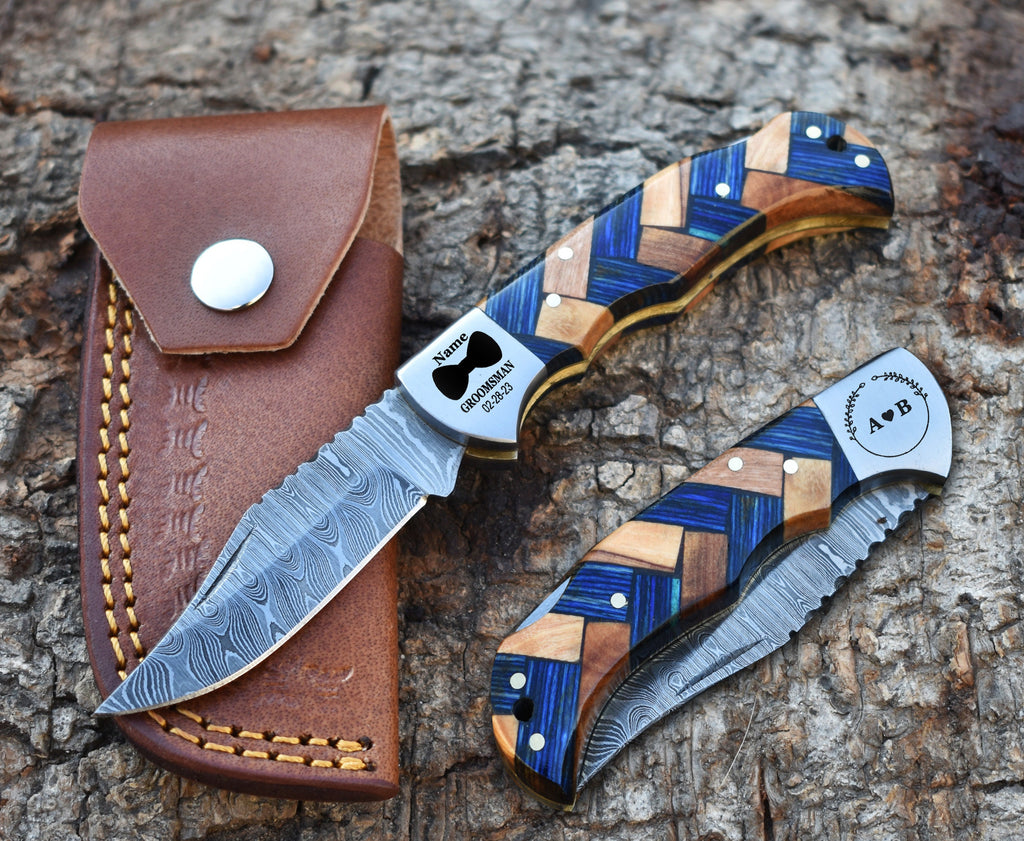 Personalized Handmade Pocket Knife Gift for HER Damascus Knife 10th Anniversary Birthday Gift for him Graduation Gift Wedding Groomsmen Gift