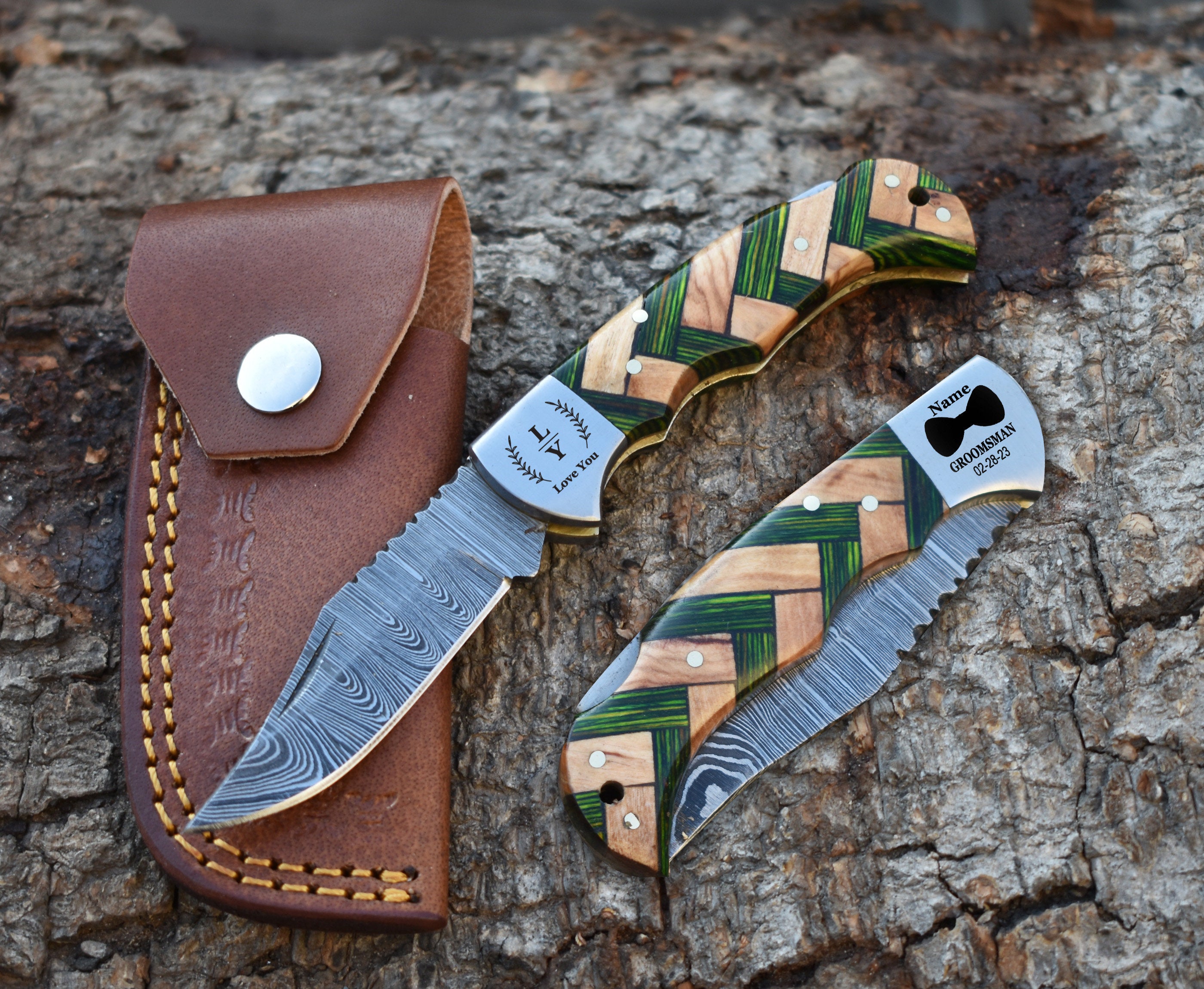 Personalized Handmade Damascus Steel Pocket Knife Blue Handle Best dad Gift for Men Folding Knife Groomsmen 11 Anniversary Husband Gifts