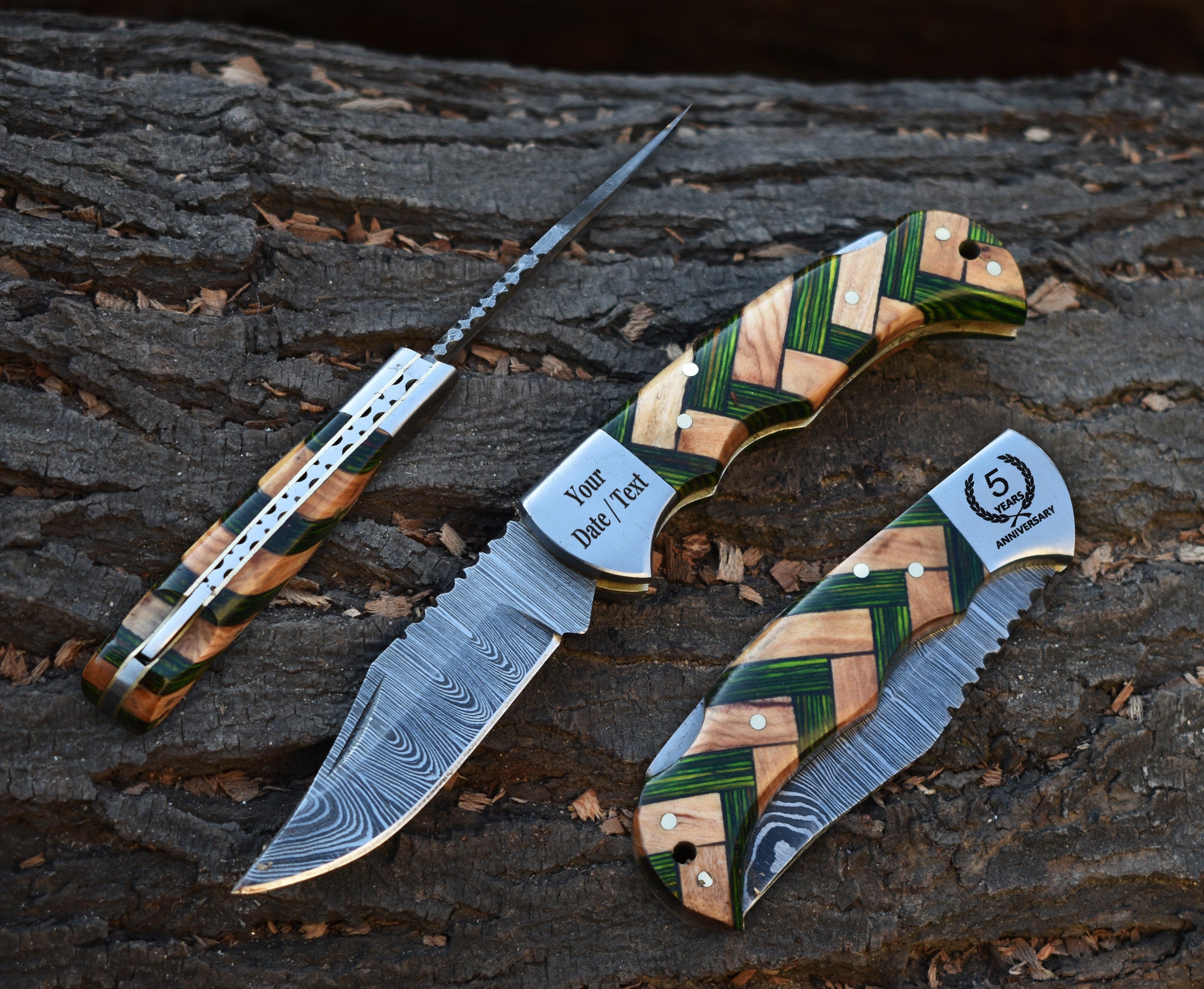 Handmade Damascus Pocket Knife Olive Wood Handle Birthday Gift Folding Knife Groomsmen Gift Anniversary Wedding Personalized Gift for Men