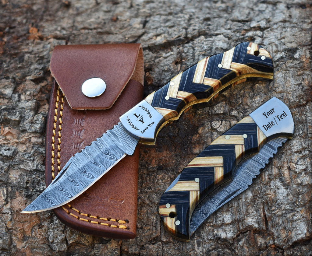 Handmade Damascus Pocket Knife Olive Wood Handle Birthday Gift Folding Knife Groomsmen Gift Anniversary Wedding Personalized Gift for Men