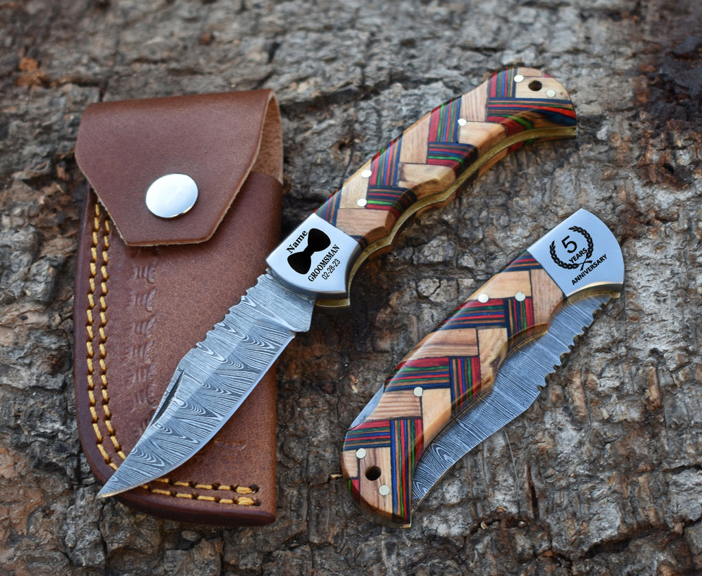 Handmade Damascus Pocket Knife Olive Wood Handle Birthday Gift Folding Knife Groomsmen Gift Anniversary Wedding Personalized Gift for Men