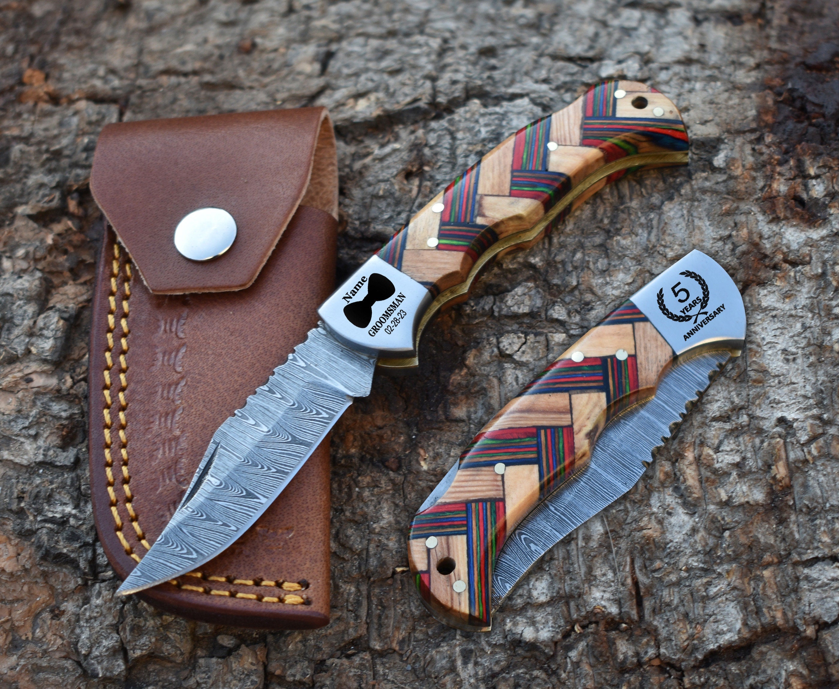 Handmade Damascus Pocket Knife Olive Wood Handle Birthday Gift Folding Knife Groomsmen Gift Anniversary Wedding Personalized Gift for Men