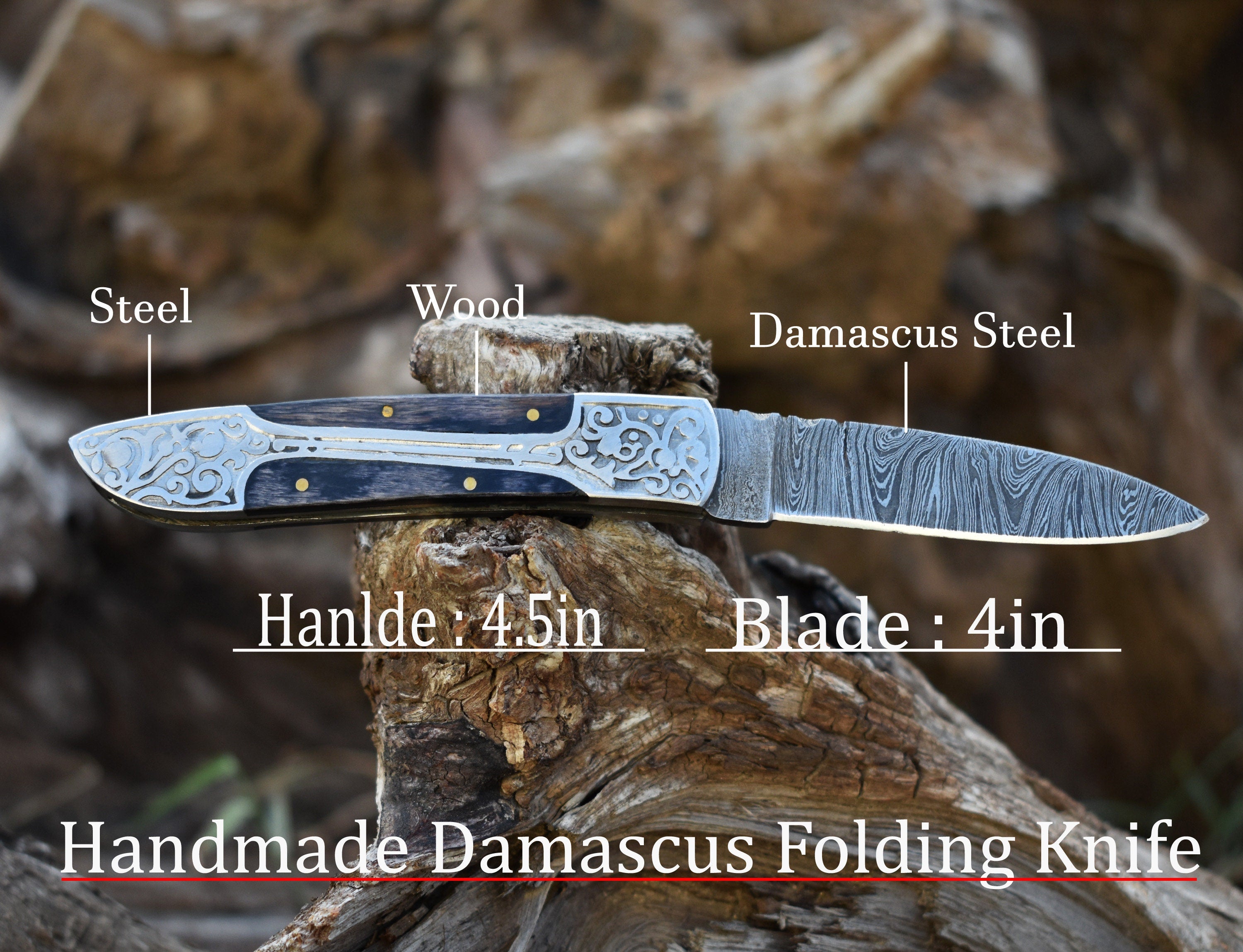 Handmade Damascus pocket knife Black wood handle birthday gift  folding knife Groomsmen anniversary wedding gift for dad friendship gift