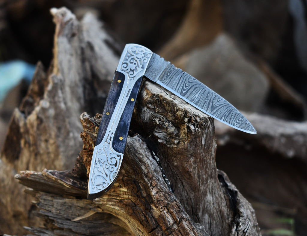 Handmade Damascus pocket knife Black wood handle birthday gift  folding knife Groomsmen anniversary wedding gift for dad friendship gift