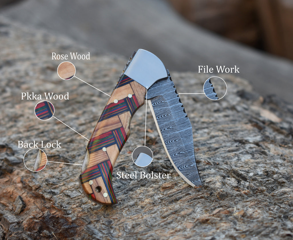 Handmade Damascus Pocket Knife Olive Wood Handle Birthday Gift Folding Knife Groomsmen Gift Anniversary Wedding Personalized Gift for Men