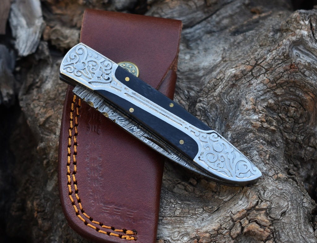 Handmade Damascus pocket knife Black wood handle birthday gift  folding knife Groomsmen anniversary wedding gift for dad friendship gift