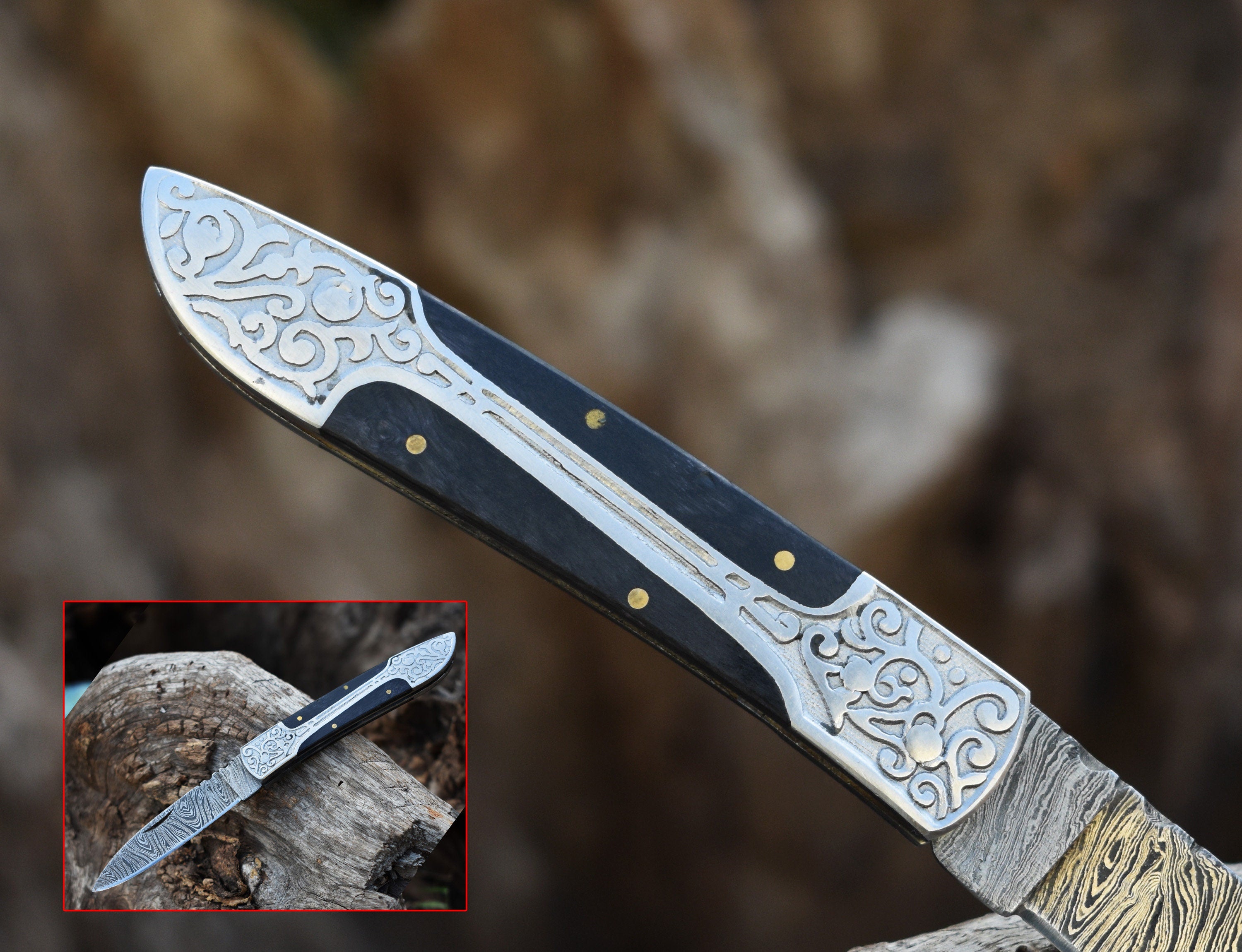 Handmade Damascus pocket knife Black wood handle birthday gift  folding knife Groomsmen anniversary wedding gift for dad friendship gift